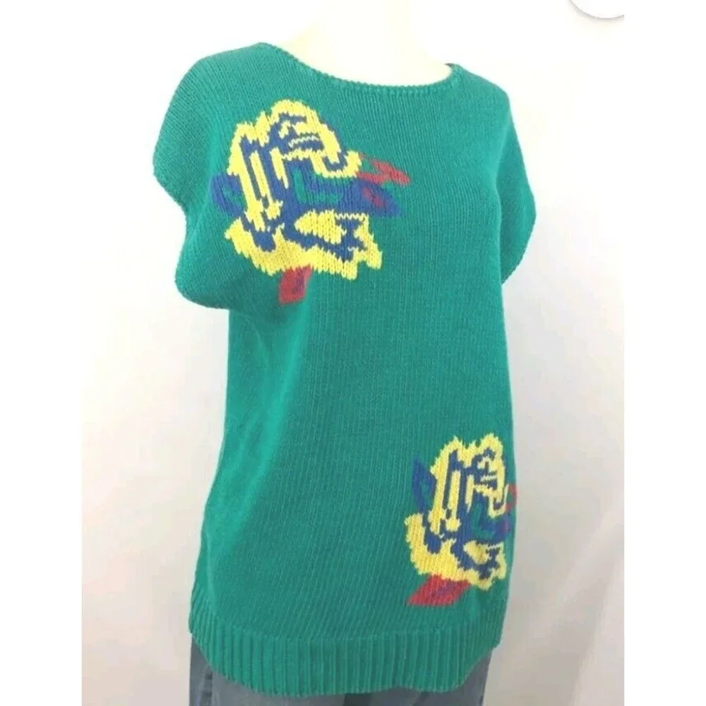 Chaus Sweater Linen Cotton 90s Medium Knit Sleeveless Floral Womens Green Vtg